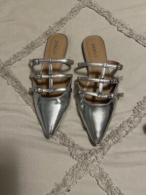 Soda Metallic Silver Pointed Triple-Strap Mules